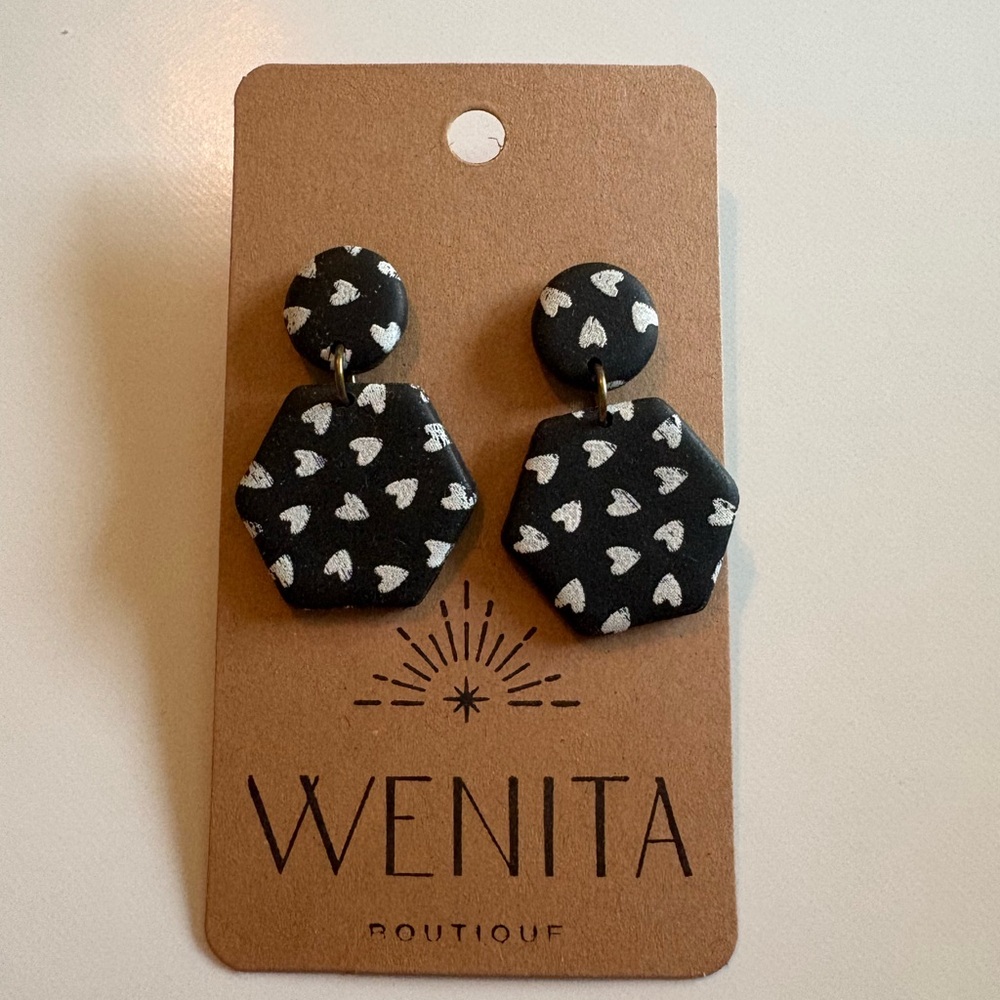 Black Heart Drop Earrings - Black and White Hexagon Dangles